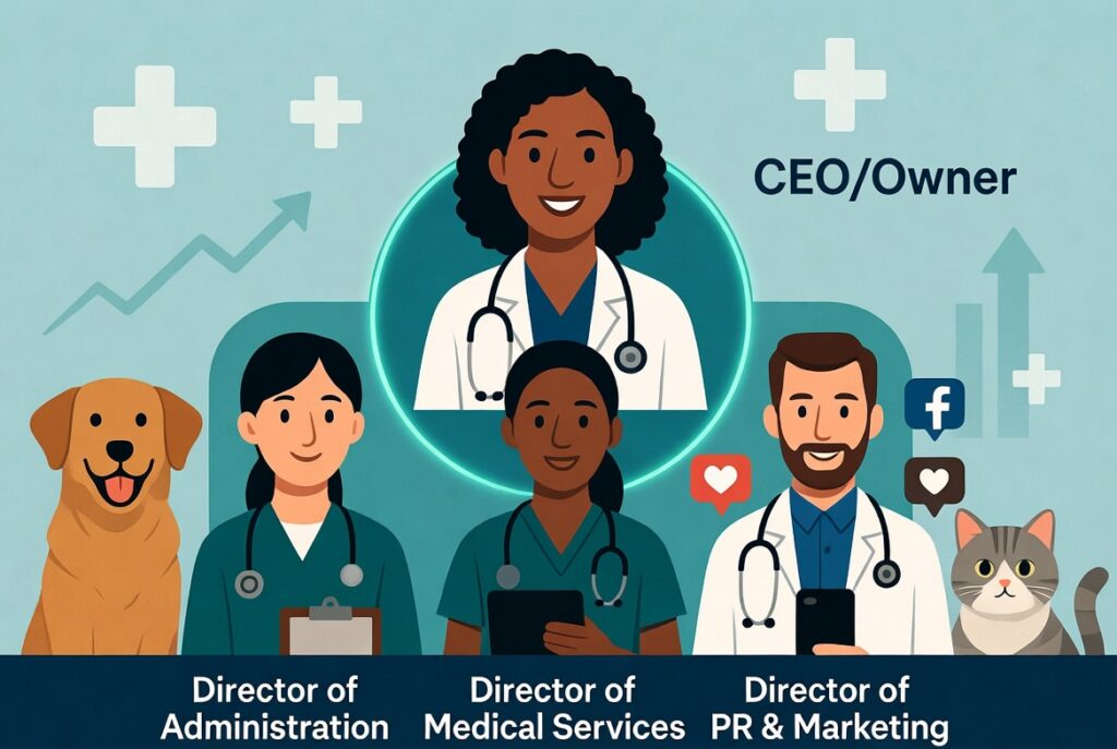 Illustration of a veterinary clinic's leadership team: CEO/Owner, Director of Administration, Director of Medical Services, and Director of PR & Marketing, with a dog and cat.