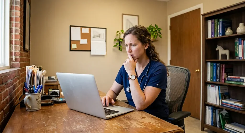 A female veterinarian wearing navy scrubs and a stethoscope sitting at a desk in her office, looking subtly confused and thoughtful while gazing at a plain, silver laptop screen