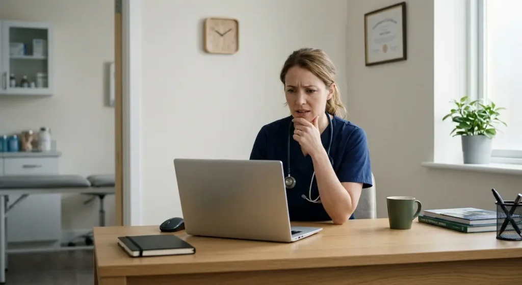 A veterinarian in navy scrubs sits at a clean wooden desk in a quiet office, looking thoughtfully at her laptop screen with a subtle expression of concern and contemplation.